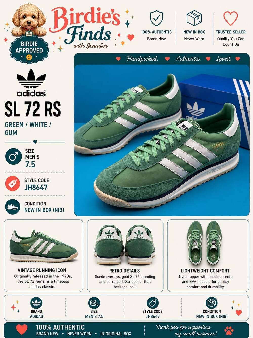 Adidas SL 72 OG Green White Sneakers Size 7.5